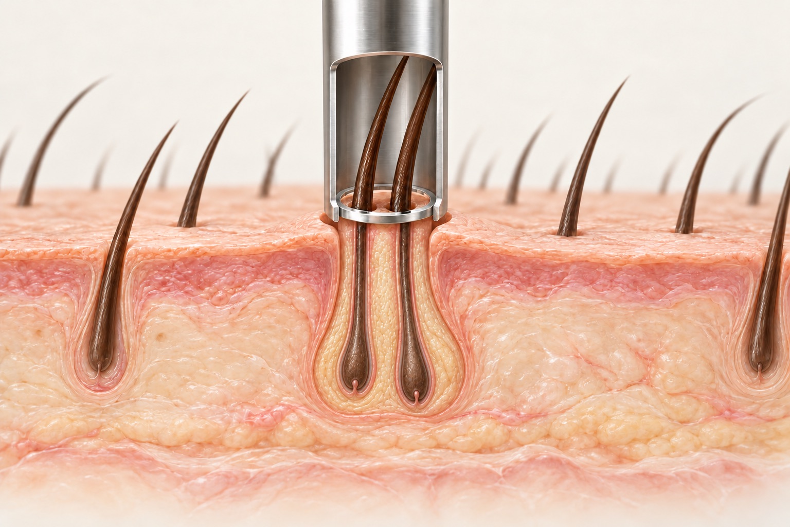 Ilustração em corte de um punch ao redor de uma unidade folicular na técnica FUE